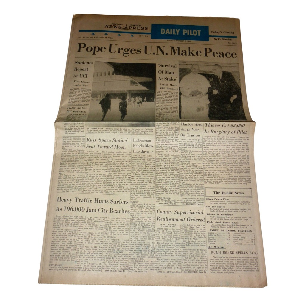 Vintage 1965 Orange Coast Daily Pilot Newspaper UCI First Day Classes Pope‎ UN